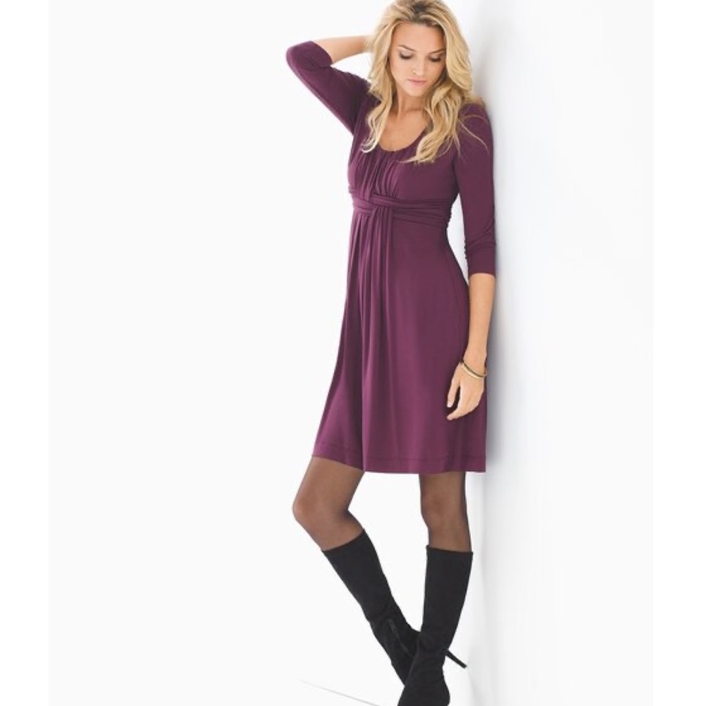 NEW Soma Medium Wrapped Empire Waist 3/4” Sleeve Dress Merlot Deep Purple
